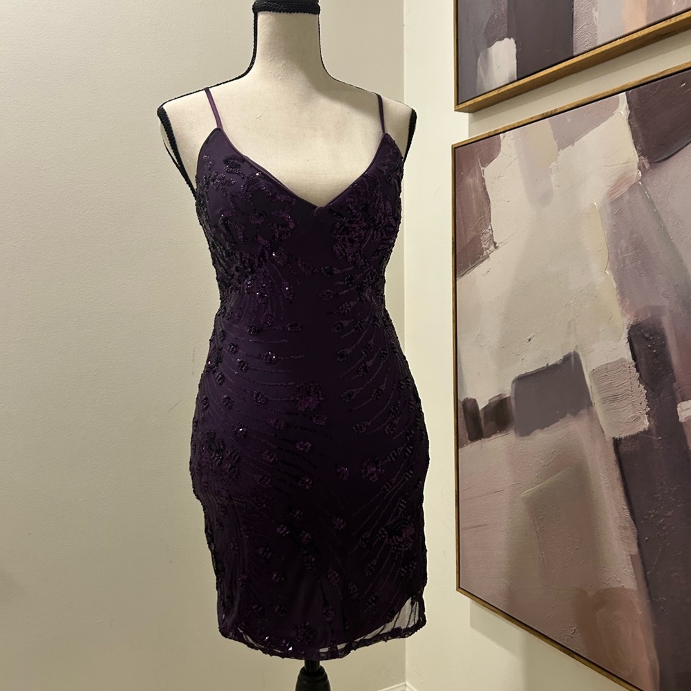 Purple Sequin Spaghetti Strap Dress